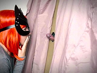 Ginger girl feels thrilled finding gloryhole for blowjob