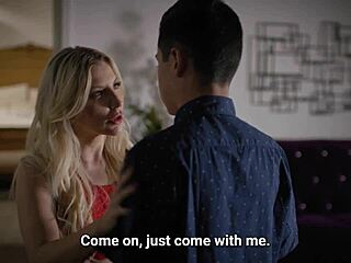 Busty blonde milf teacher seduces student by touching big cock in class