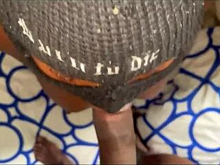 black cougar gives blowjob then rides big black cock cowgirl in hotel room