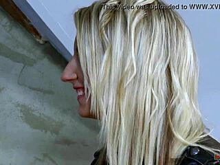 petite blonde in heels licks cum off his cock after spooning sex