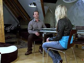 petite blonde in heels licks cum off his cock after spooning sex