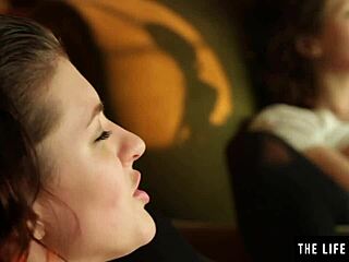 teen babe in black stockings and garters, no panties, masturbates in front of mirror 😍 big tits and pussy.