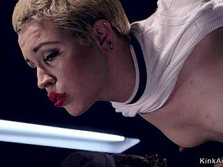 blonde slave in doggy bondage gets caned and deepthroated 😵