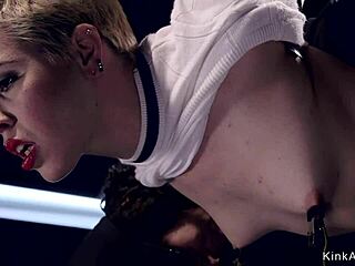 blonde slave in doggy bondage gets caned and deepthroated 😵