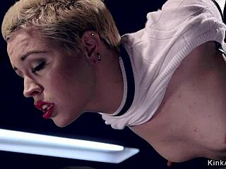 blonde slave in doggy bondage gets caned and deepthroated 😵