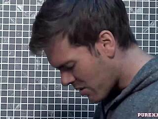 Come here, hot brunette milf, take this cock in the toilet now.