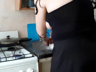 Stepmom Cooking While Girlfriend Licks Pussy in Kitchen