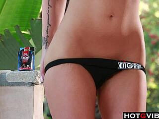 i'm this curvy brunette, fingering my wet pussy with toys outside.