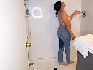 latina gets wet strips panties and showers messily