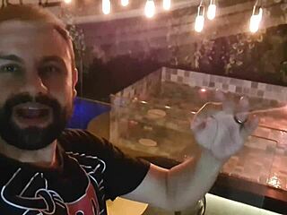 Blonde slut licks and swallows backstage