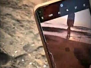 Beautiful latina in stockings gives blowjob on beach