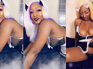 Ebony maid cleaning house in thong with pierced nipples