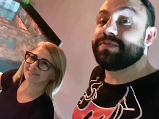 Blonde slut licks and swallows backstage