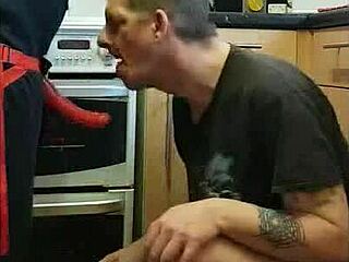 pegging boyfriend's ass in kitchen and bathroom