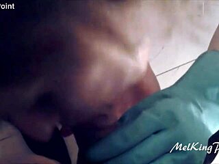 blonde milf sucks cock with plastic gloves on