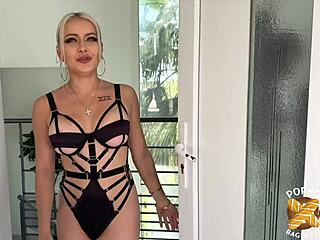 joy, the blonde with big tits and small waist, gets fucked by two guys in a hot threesome