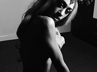 Horny ebony witch in heels and fishnets fucks herself with cane teaser during halloween.