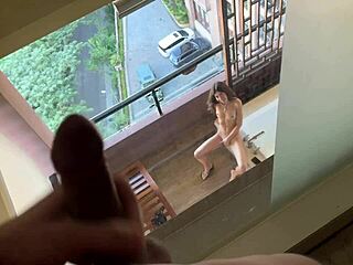 Horny Neighbor Masturbates On Balcony While Pervert Peeps - Katty West Anal