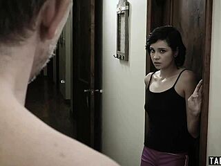 babysitter gives blowjob to huge cock, petite teen.