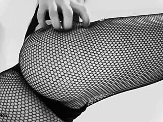 German brunette teases ass and feet in fishnets