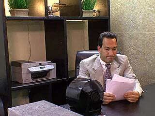 Slutty secretary gets fucked on the bed