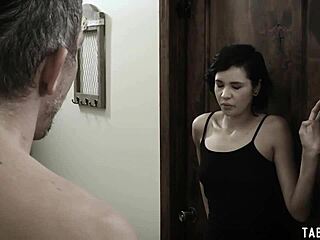 babysitter gives blowjob to huge cock, petite teen.