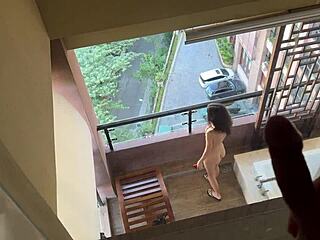 Horny Neighbor Masturbates On Balcony While Pervert Peeps - Katty West Anal