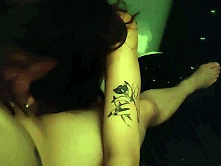 Petite teen brunette sucks big cock deep, ass up high.