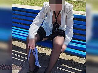 My slutty french teacher fingers pussy in public park with watchers around 😏