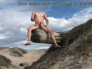 Nude posing and cock teasing at public beach, cumming in the plaza