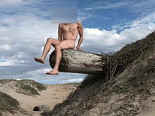 Nude posing and cock teasing at public beach, cumming in the plaza