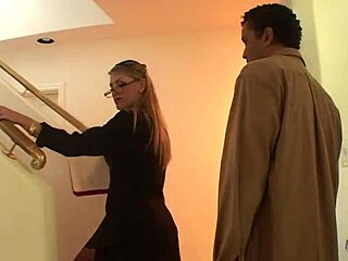 Watch this interracial fucking with the sexy blonde babe in lingerie and stockings.