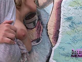 cameryn strips down, shows big tits, and toys her shaved pussy in public space