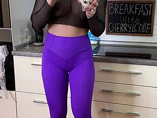 Beautiful mature Cherryl Colle enjoys breakfast in see-through leggings and glasses, teasing with her big tits.