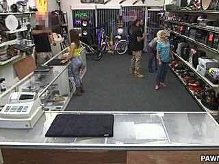 Busty brunette babe gets drilled hard in toilet for cash at pawn shop