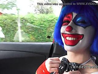 Teen in clown costume banging outdoor to cumshot