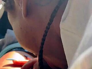 Ebony girl in car takes big black cock for cum in mouth