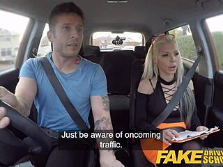 Blonde bombshell Barbie Sins takes a driving lesson in black lingerie