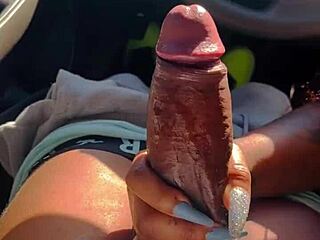 Ebony girl in car takes big black cock for cum in mouth