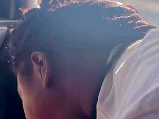 Ebony girl in car takes big black cock for cum in mouth