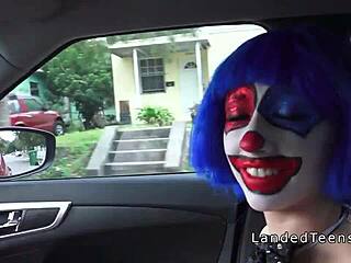 Teen in clown costume banging outdoor to cumshot