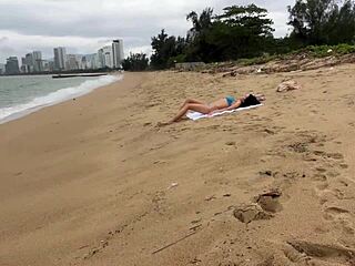 Babe asks to cum on her tits during public beach cock flashing