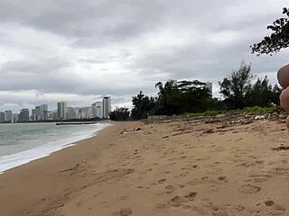 Babe asks to cum on her tits during public beach cock flashing