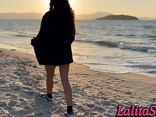 Delicious Latina teases on beach, shows pussy, gets cum inside