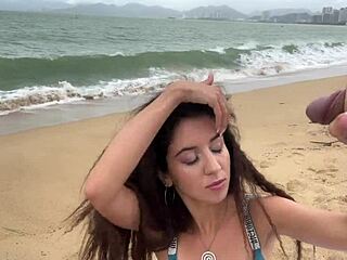 Babe asks to cum on her tits during public beach cock flashing