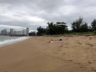 Babe asks to cum on her tits during public beach cock flashing