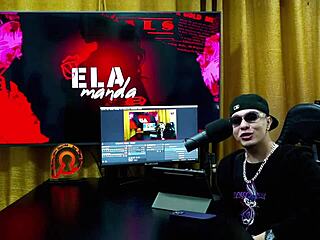 Binho Ted sucks brunette's pink pussy on podcast table while Ruan watches speechless