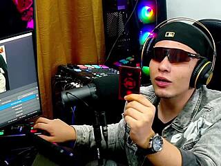 Binho Ted sucks brunette's pink pussy on podcast table while Ruan watches speechless