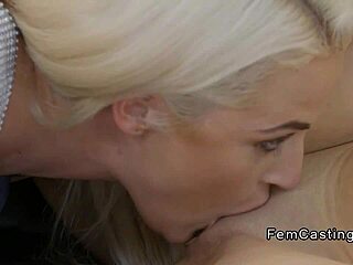 Blonde female agent finger fucks redhead at work!