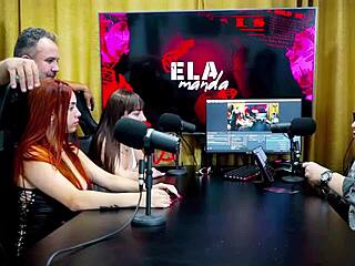 Binho Ted sucks brunette's pink pussy on podcast table while Ruan watches speechless